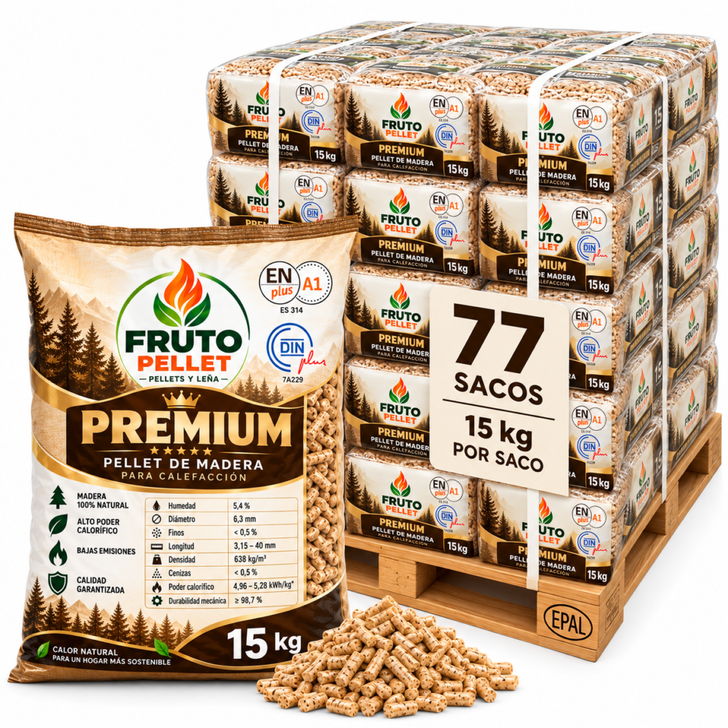Fruto Pellet PREMIUM ENplus A1 DINplus - Palet 1155 kg, 77 Sacos de 15 kg