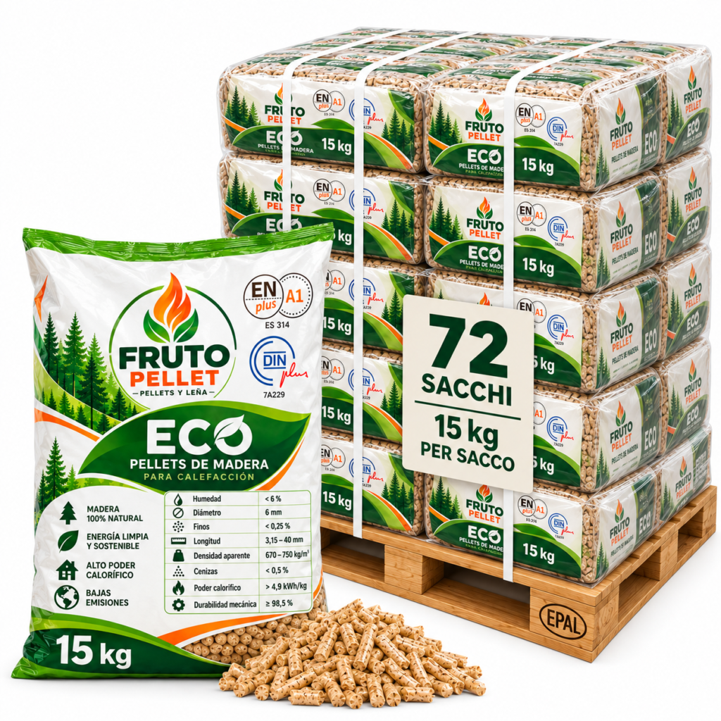 Fruto Pellet "ECO" ENplus A1 DINplus - Palet 1080 kg, 72 sacos de 15 kg