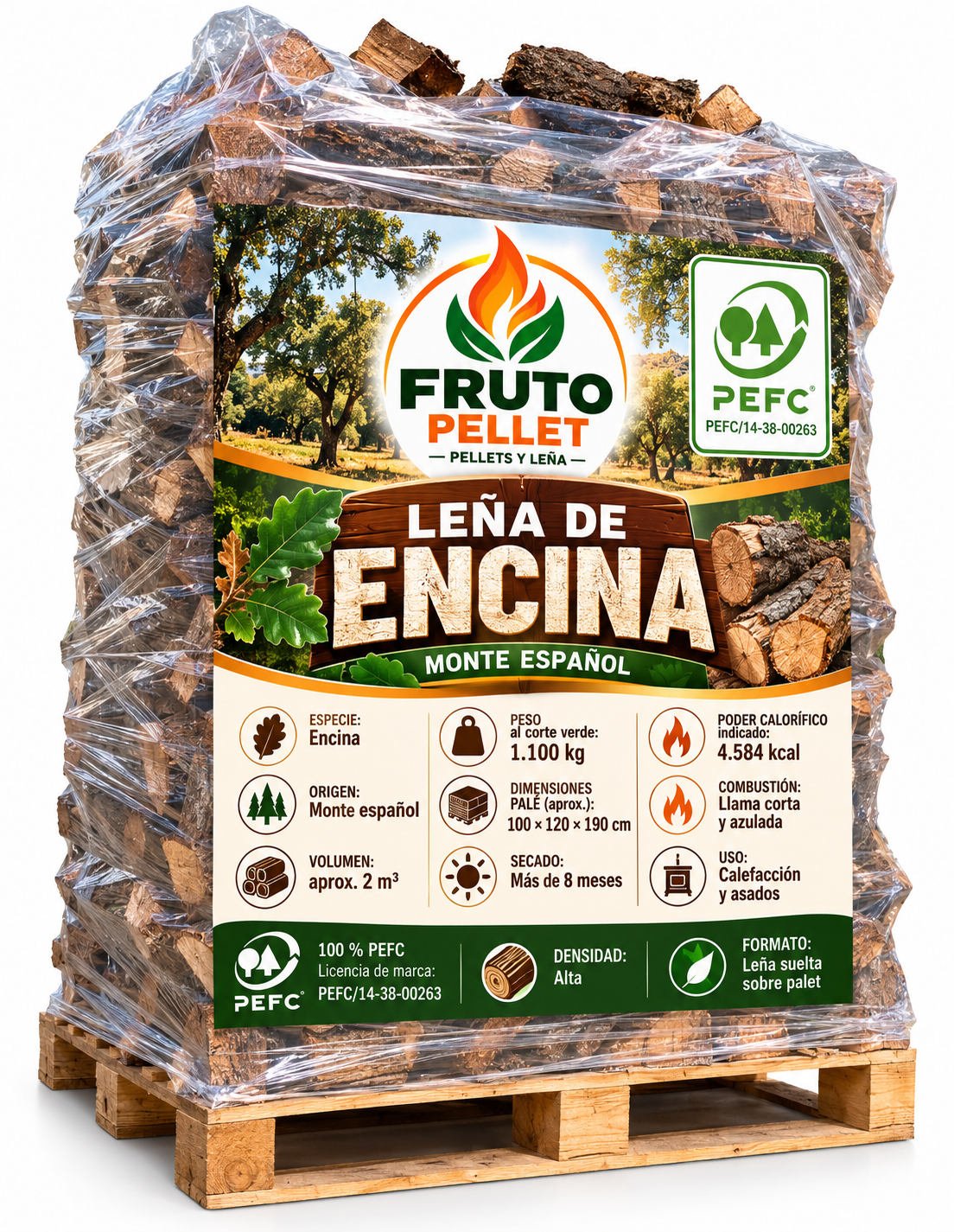 Leña de Encina Fruto Pellet PEFC - Palet 2 m³, 1100 kg al corte verde