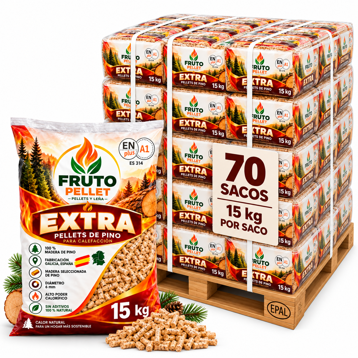 Fruto Pellet EXTRA – Pellets de pino ENplus A1 – Palet 1050 kg, 70 sacos de 15 kg