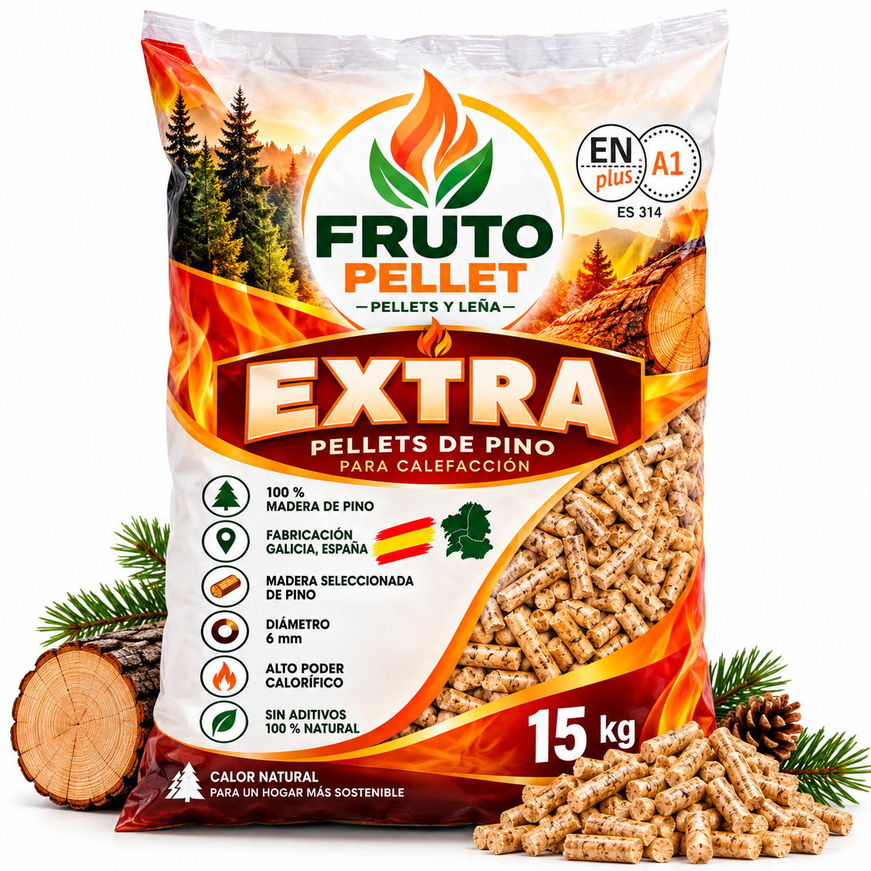Fruto Pellet EXTRA – Pellets de pino ENplus A1 – Palet 1050 kg, 70 sacos de 15 kg - Imagen 2