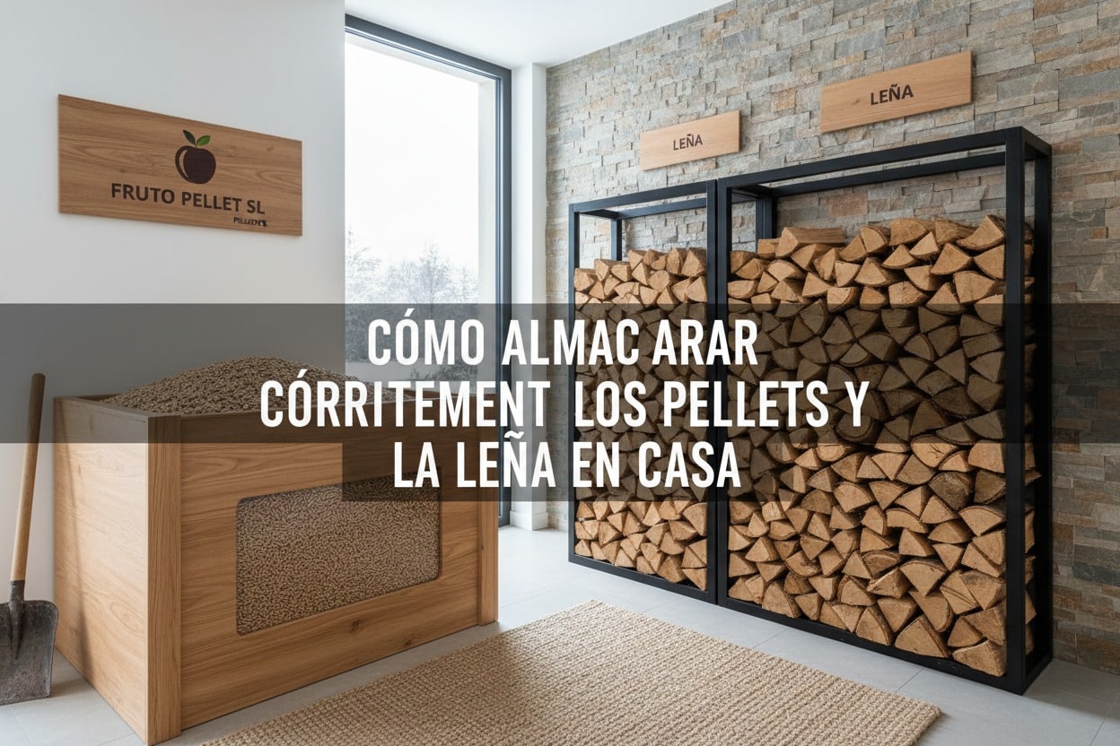 Un contenedor de madera lleno de pellets y estanterías metálicas con leña apilada en el interior de una sala.