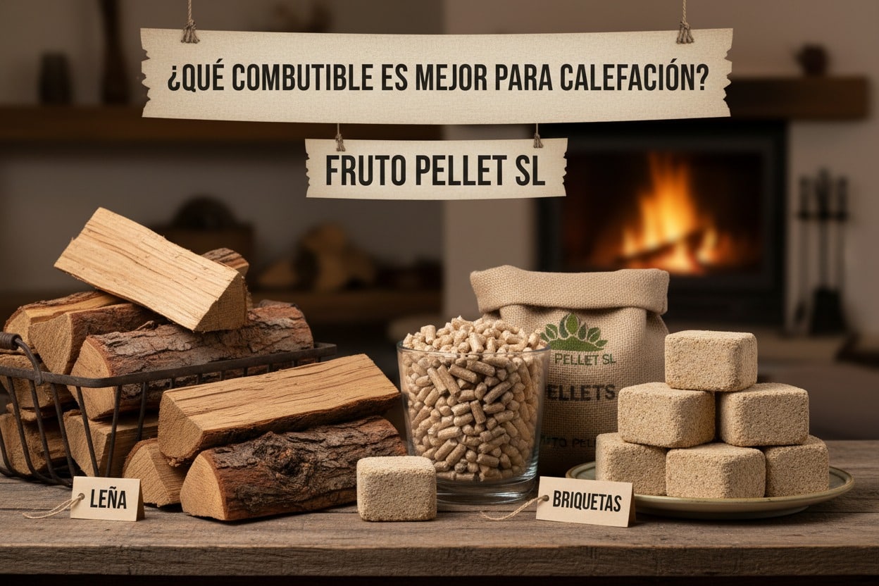Sobre una mesa de madera se muestran diferentes tipos de combustible para calefacción, incluyendo leña, un vaso con pellets, un saco de arpillera y briquetas.