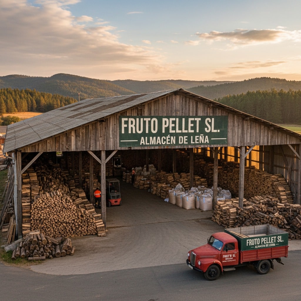 Un gran almacén de madera de Fruto Pellet S.L. lleno de troncos apilados y con un camión rojo en la entrada.
