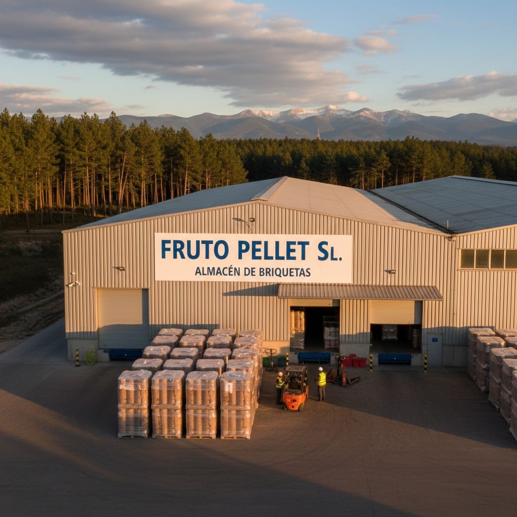 Vista exterior del almacén de briquetas Fruto Pellet S.L. al atardecer, con palés apilados frente a las puertas y un bosque de pinos y montañas al fondo.