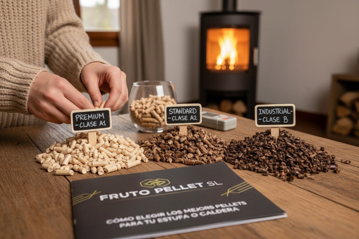 Una persona muestra tres montones de pellets clasificados como Premium A1, Standard A2 e Industrial B sobre una mesa de madera, con una estufa de leña encendida al fondo.